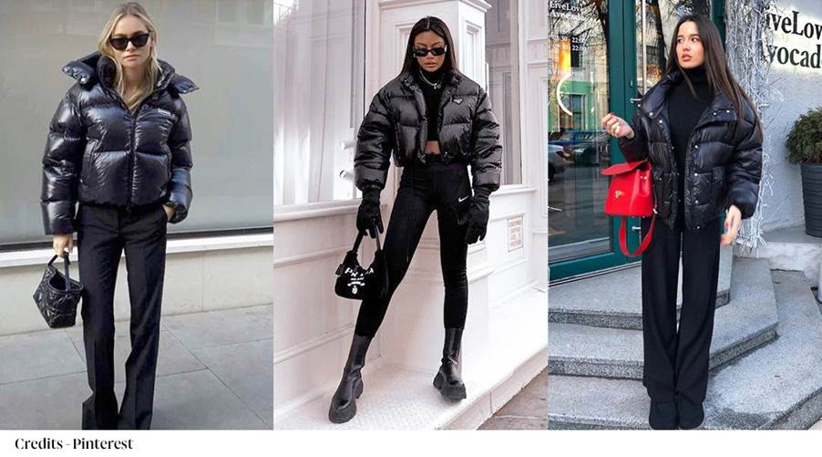 All-Black Sleekness: Glossy Puffer with Leather Boots