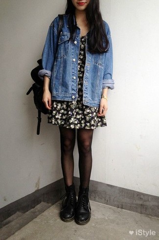 Playful Layers: Denim Jacket, Skater Dress, and Patterned Tights