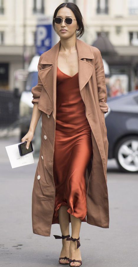 Evening Glam: Satin Slip Dress Paired with a Sleek Trench