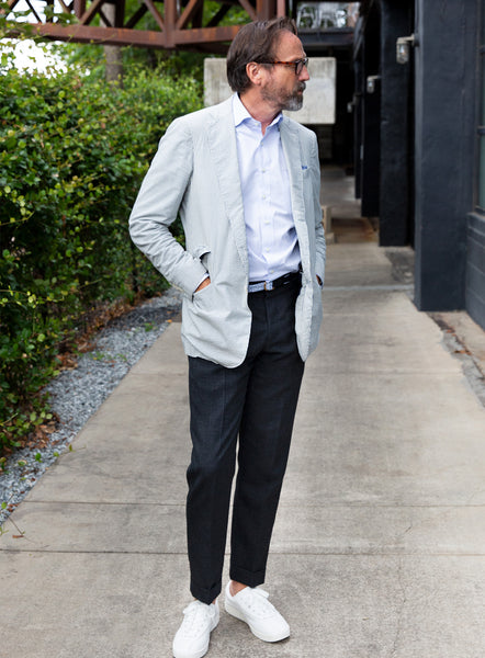 Powder Blue Tweed and Pleated Trousers for Office Chic