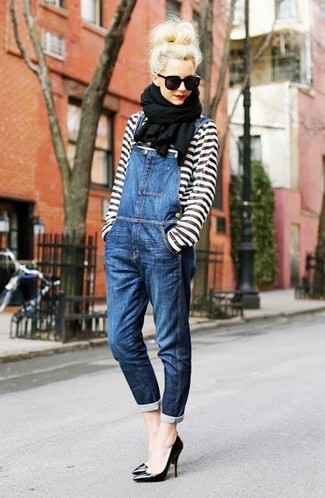 Casual Denim Overalls with Striped Long Sleeve Tee
