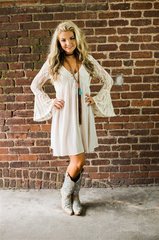 Soft White Cotton Dress with Cowboy Boots