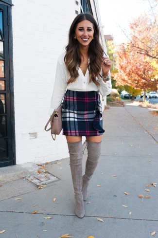 Crisp White Button-Up with Wool Mini Skirt