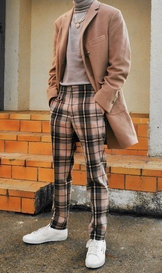 Warm Camel Turtleneck with Plaid Trousers