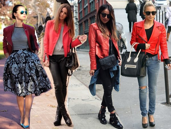 Bold Color Pop: Red Biker Jacket with Neutral Tones