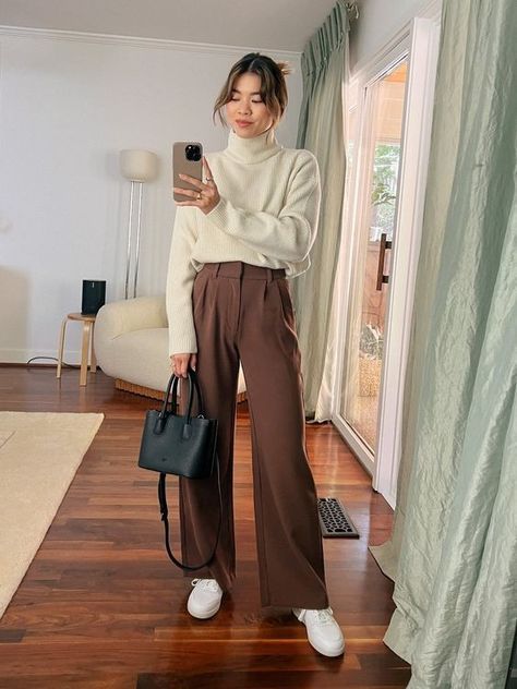 Earth-Toned Wide-Leg Pants with Knit Cardigan