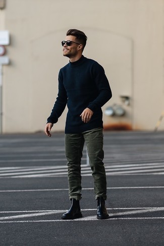 Edgy Elegance: Dark Green Corduroys with Statement Boots