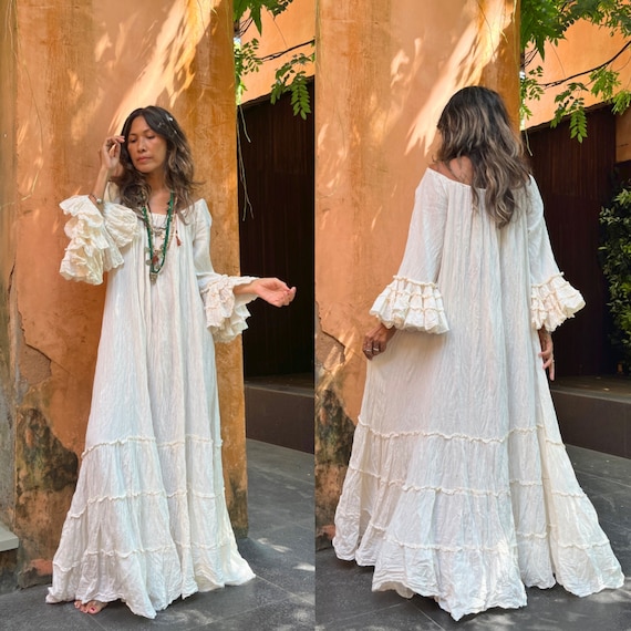 Boho-Inspired Embroidered Maxi Dress with Bell Sleeves