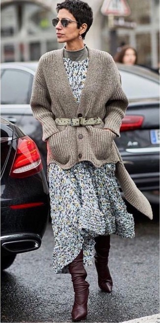 Chunky Knit Cardigan over Floral Midi Dress