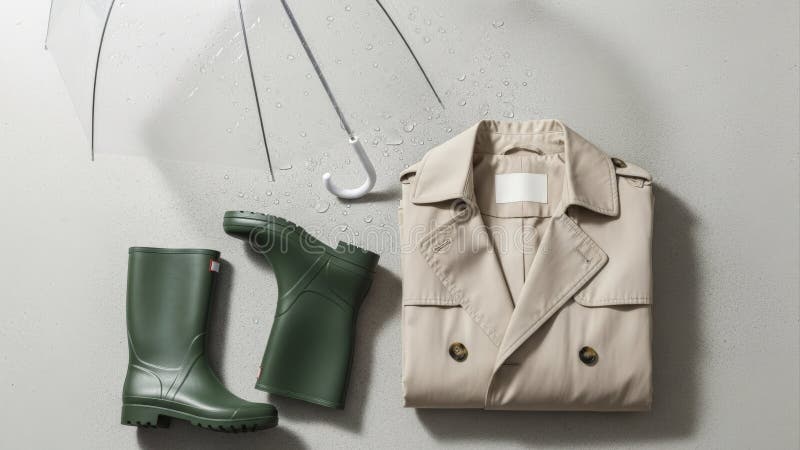 Classic Trench Coat Elegance with Polka Dot Umbrella