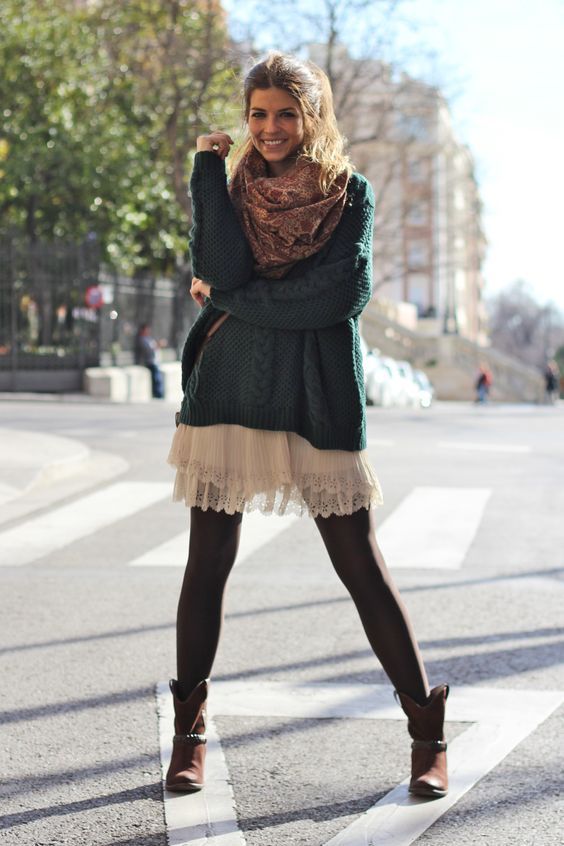 Boho Chic: Long Flowing Skirt and Cozy Knit Sweater with Black Tights