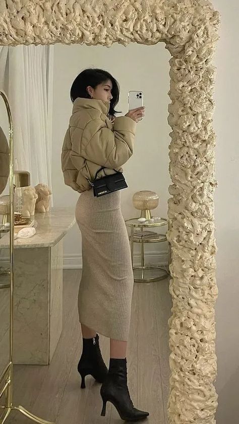 Effortlessly Feminine: Cropped Puffer with a Midi Knit Dress