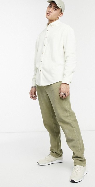 Classic Comfort: Beige Corduroys with White Button-Up