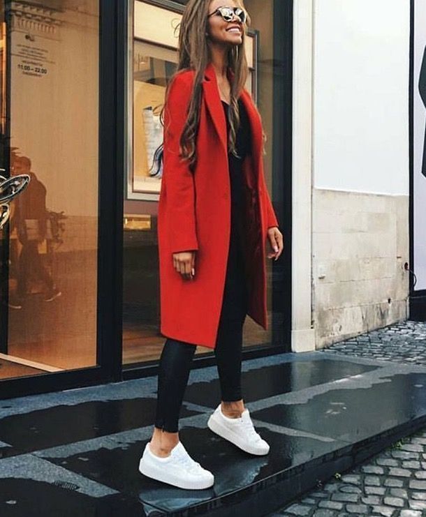 Bold Color Pop: Red Coat with Black Winter Leggings