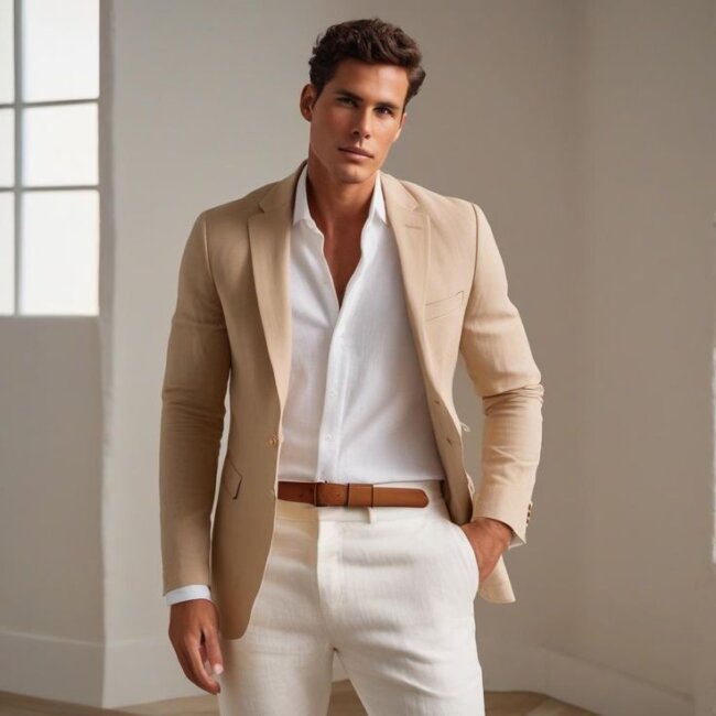 Soft Neutrals: Cream Tweed Jacket with Beige Trousers