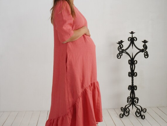 Bright Coral Ruffled Maxi Dress for a Summer Celebration