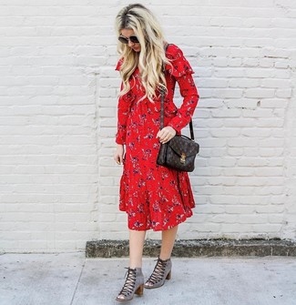 Vintage Floral Midi Dress with Ankle Booties
