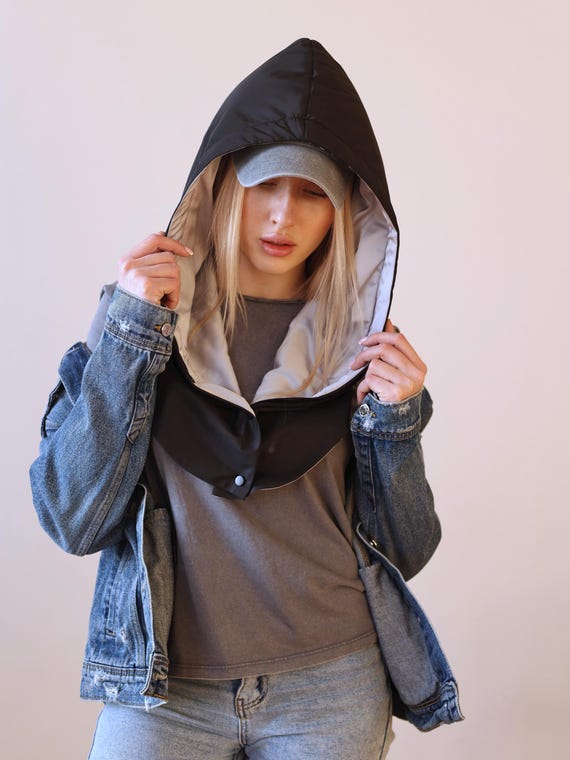 Denim Jacket with Removable Hood and Bright Scarf
