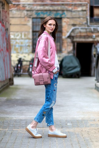 Feminine Flair: Pink Bomber Layered Over a Lace Top