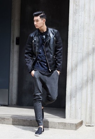 Weekend Vibes: Biker Jacket Paired with Joggers and Slip-Ons