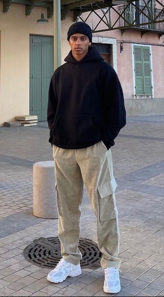 Chic and Sporty: Corduroys with White Sneakers and Hoodie