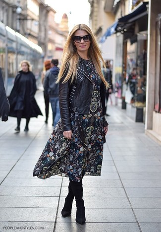 Feminine Flair: Biker Jacket Over a Flowy Midi Dress