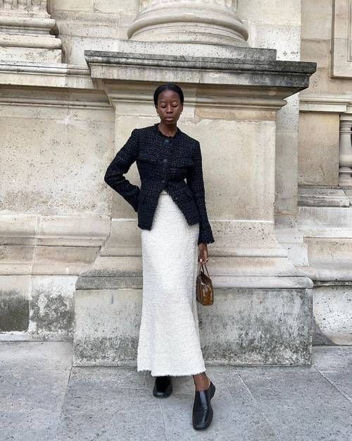 Parisian Elegance with a Classic Tweed and Midi Skirt