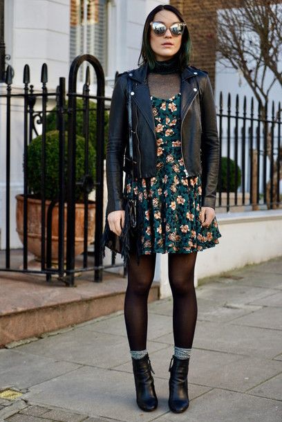 Edgy Layers: Leather Jacket Over Floral Dress and Black Tights