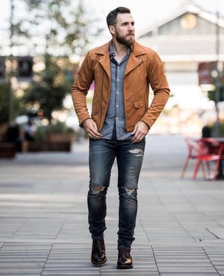 Denim Meets Leather: Biker Jacket Over Chambray Shirt and Jeans