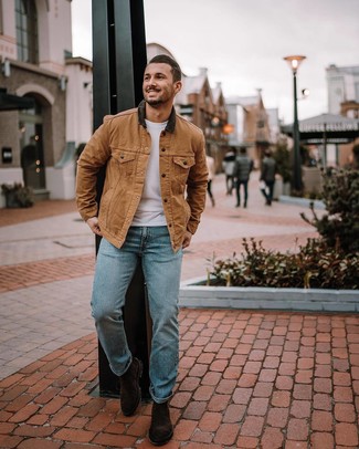 Denim Duo: Light Brown Jacket with Blue Jeans and Boots