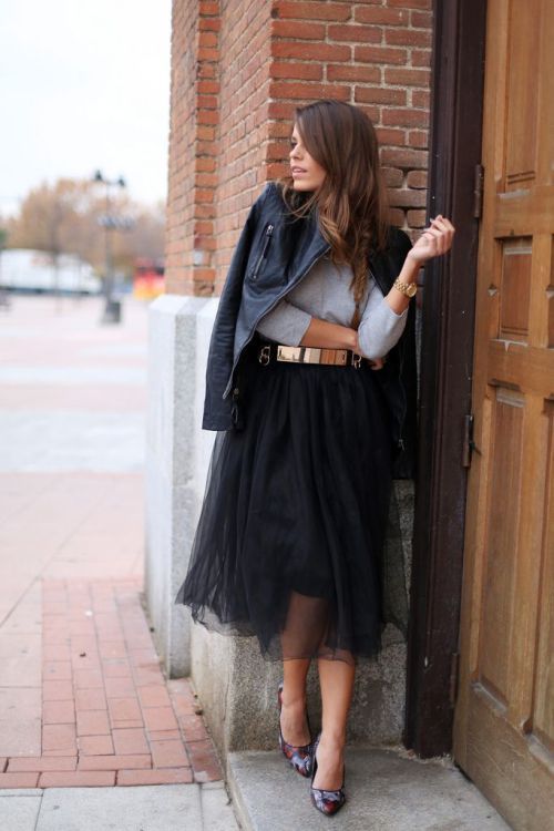 Edgy Contrast: Black Leather Jacket Meets Soft Tulle