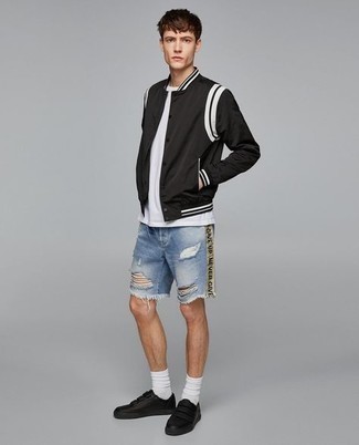 Effortless Cool: Varsity Jacket with Distressed Denim Shorts