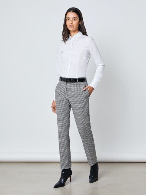 Crisp White Shirt Paired with Camel Tailored Trousers