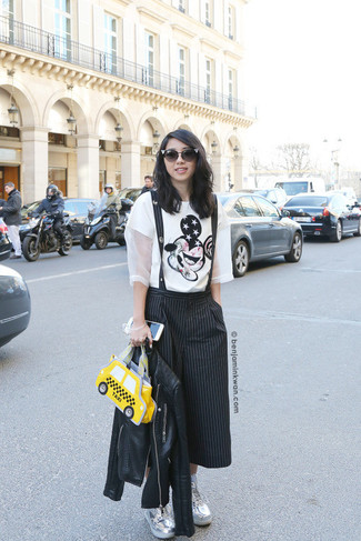 Casual Chic: Biker Jacket with Striped Tee and Culottes