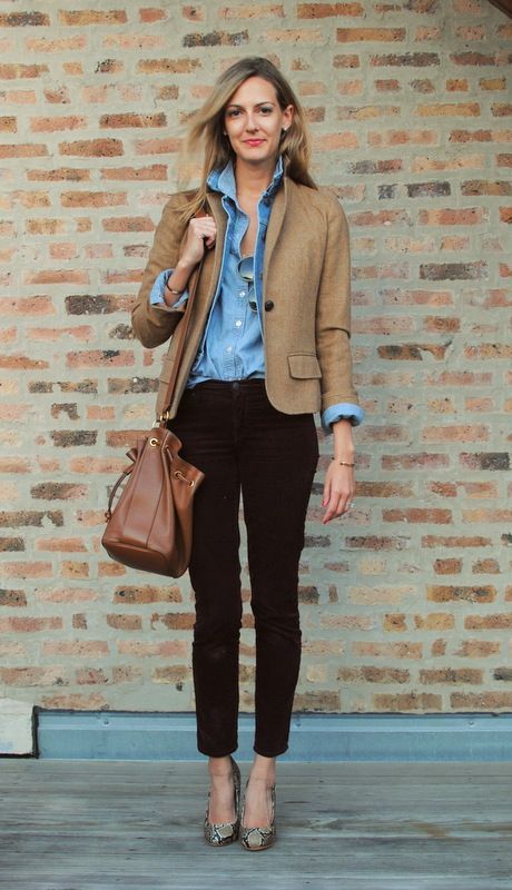 Effortless Office Chic with Navy Corduroy and Blazer