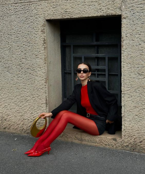 Bold And Beautiful: Fishnet Tights with a Red Mini Skirt