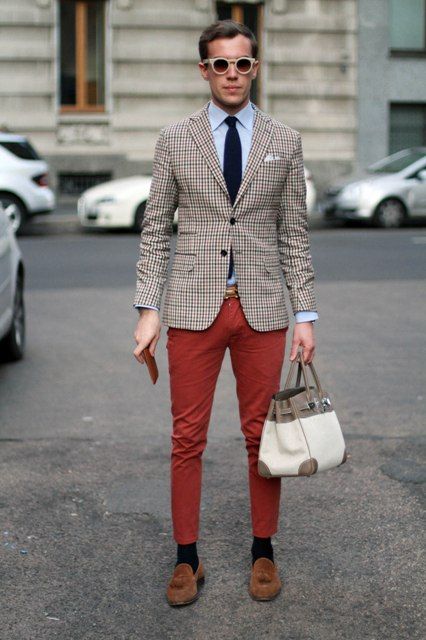Color Pop: Tweed Jacket with Vibrant Red Trousers