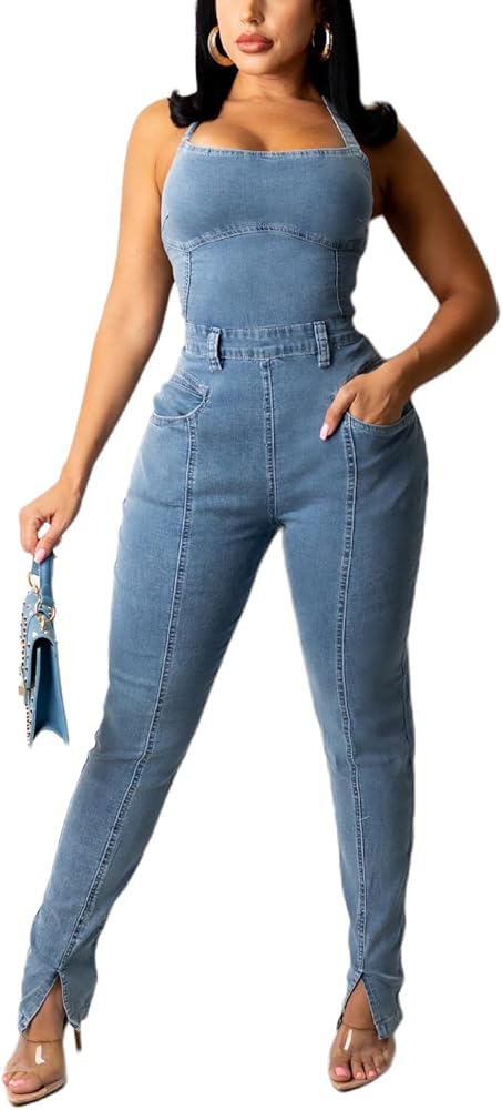 Casual Chic Denim Jumpsuit with Statement Accessories