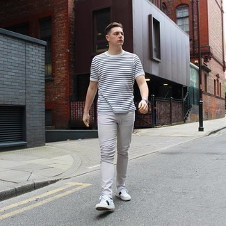 Effortless Chic: Grey Pants and Striped Tee