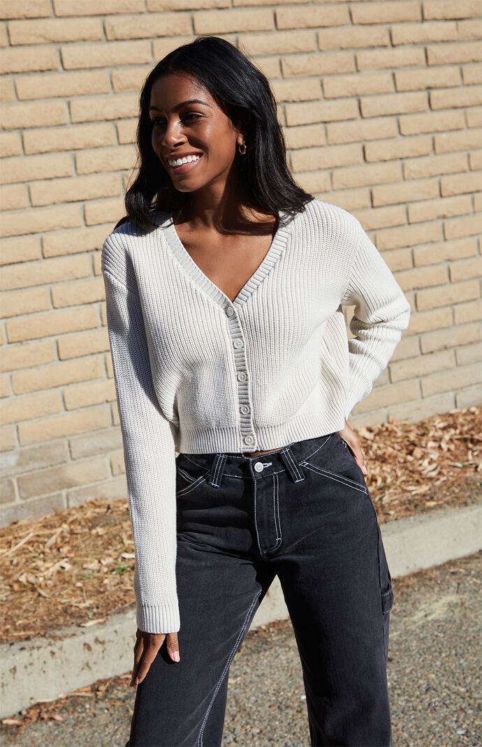 Wide Leg Cardigan Outfits With Grey Crop Top V-Neck Long Sleeve Cropped Cardigan Heather Gray